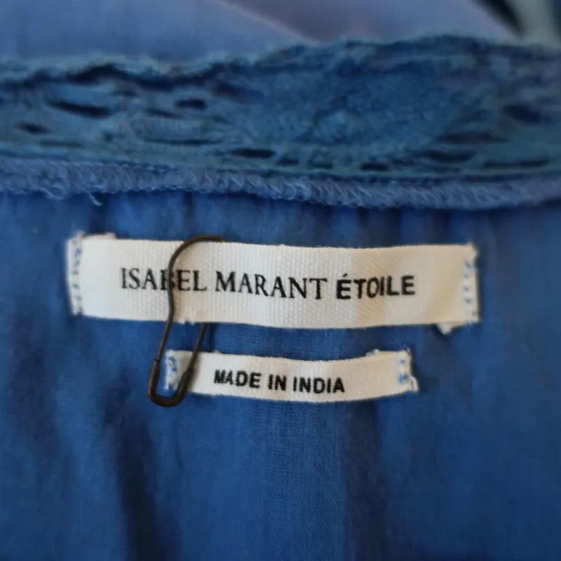 Isabel Marant Etoile Top Duffy Blau Häkelbesatz Baumwolle Größe 34 Seitengebundenes Bluse