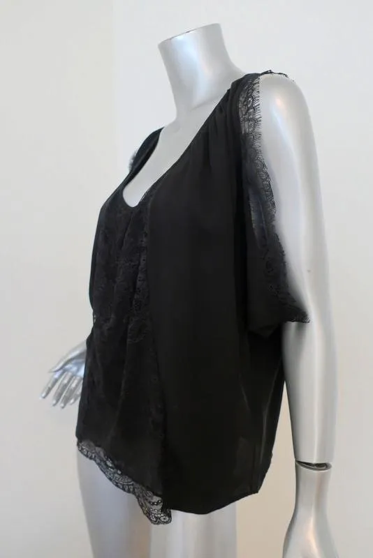 Joie Bluse Versailles Schwarz Spitzenbesatz Seide Größe M Ärmelloses Top
