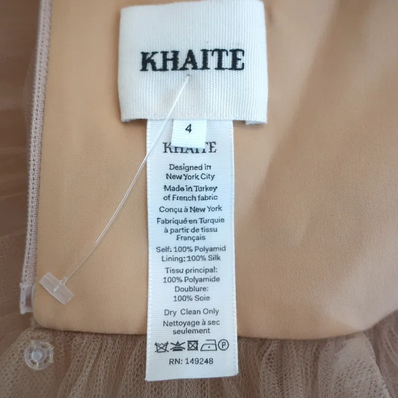 Khaite Dominika Plissierte Tüll-Bluse mit Schleifenausschnitt in Nude Größe 4 Langarm