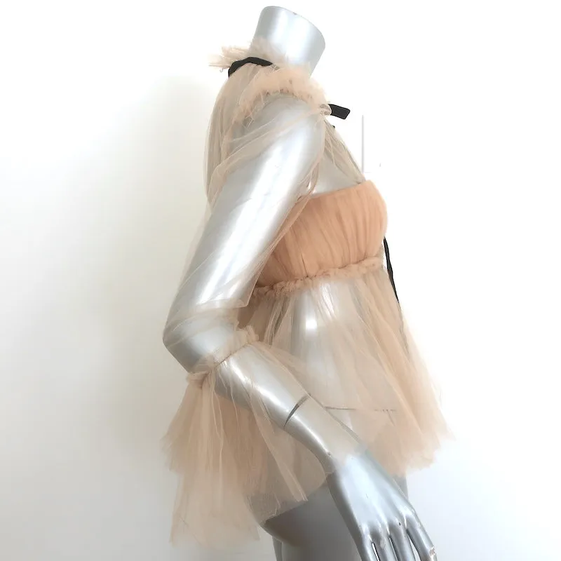 Khaite Dominika Plissierte Tüll-Bluse mit Schleifenausschnitt in Nude Größe 4 Langarm