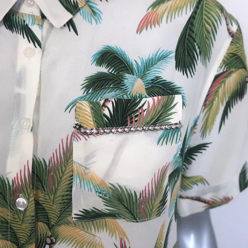 Le Superbe Club Tropicana Kristall-Detail Shirt Palmenmuster Seide Größe 0