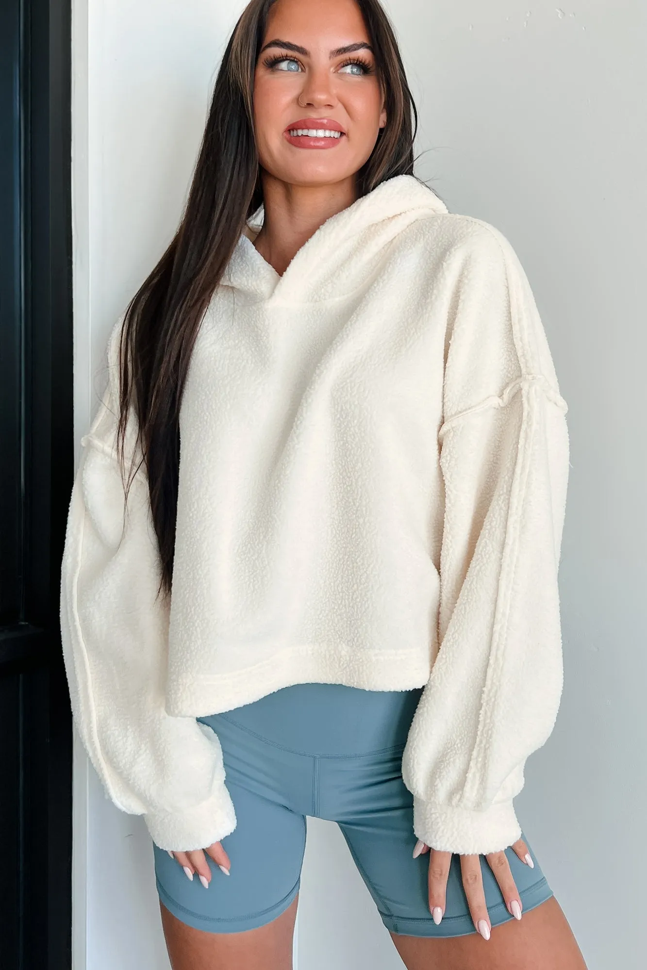 Left On Read Sherpa Fleece Crop Hoodie (Creme)