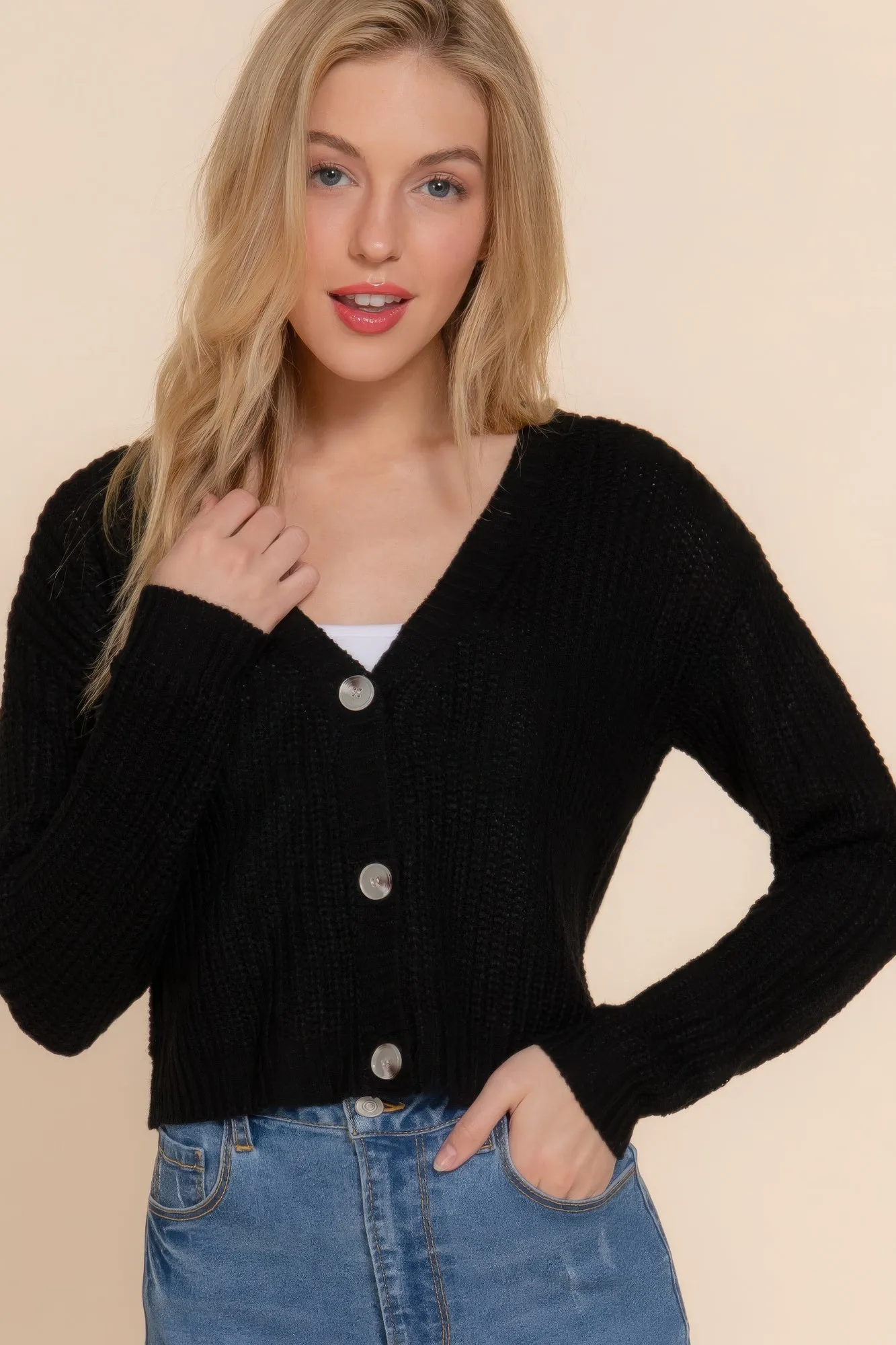 Langer V-Ausschnitt Strickcardigan
