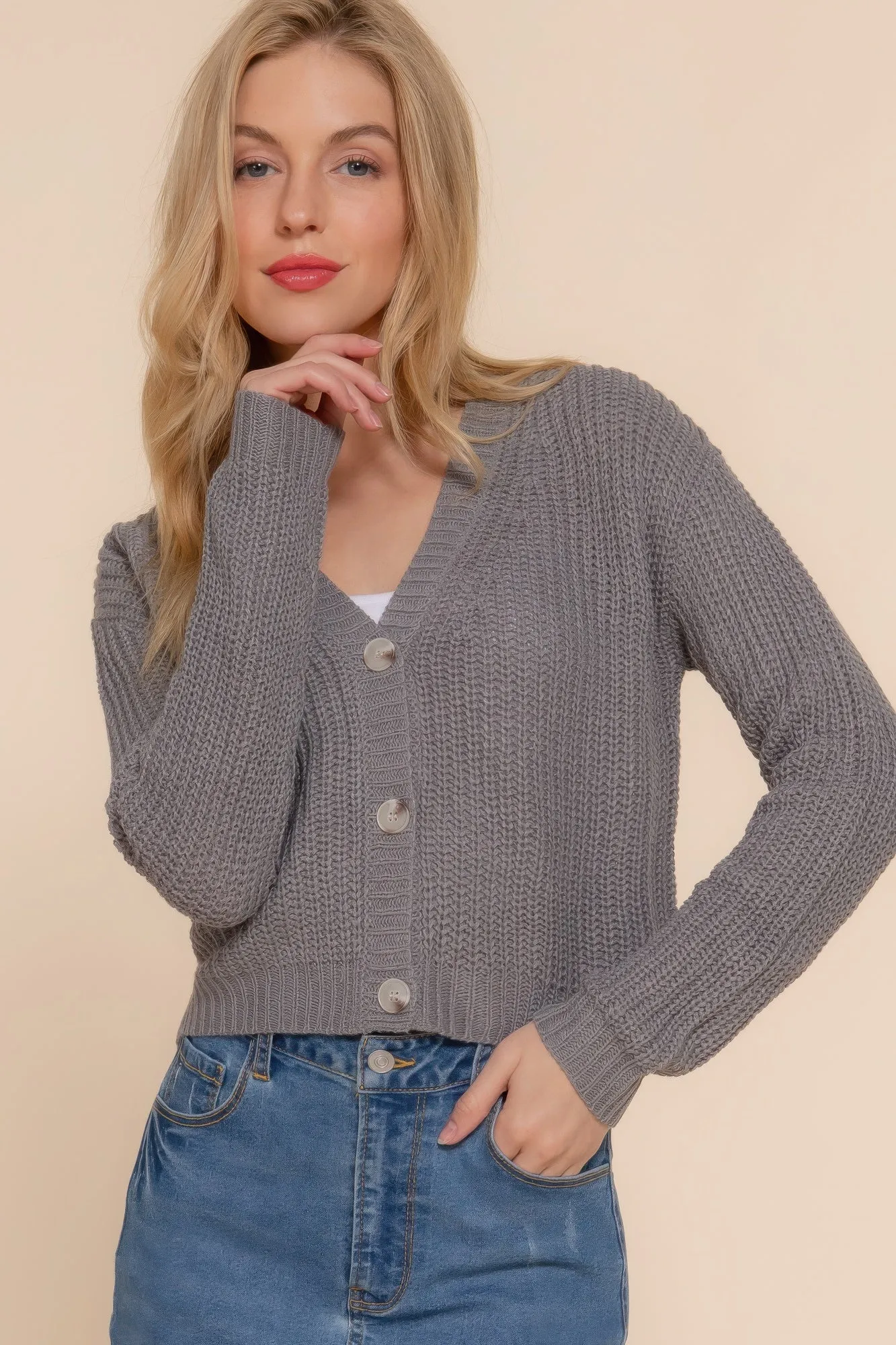Langer V-Ausschnitt Strickcardigan