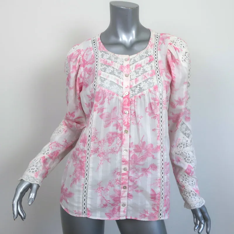 LoveShackFancy Spitzenbesetztes Top Broadway Weiß/Rosa Blumenmuster Baumwolle Größe S