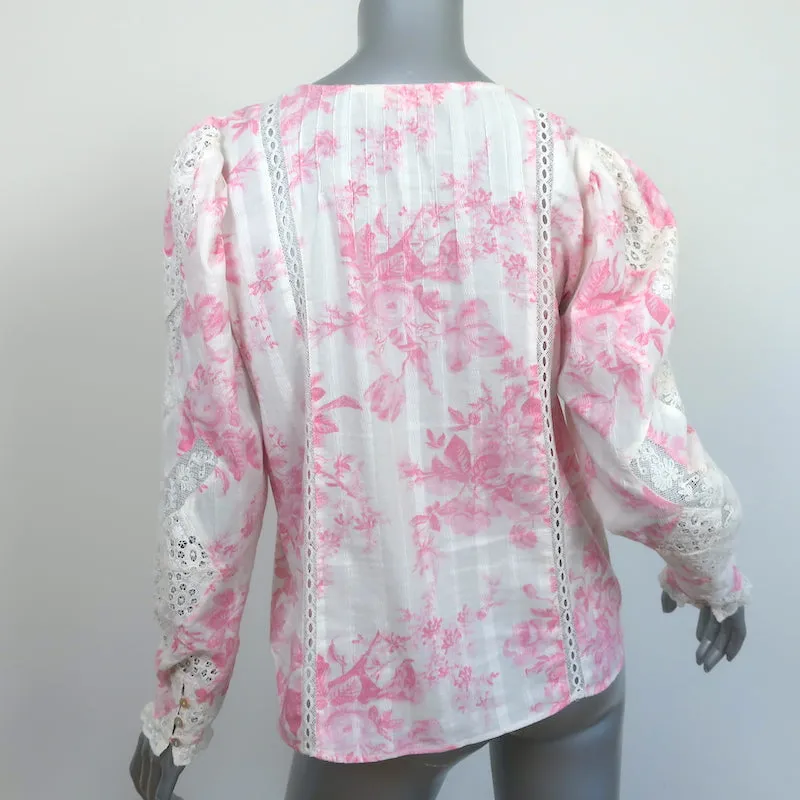 LoveShackFancy Spitzenbesetztes Top Broadway Weiß/Rosa Blumenmuster Baumwolle Größe S