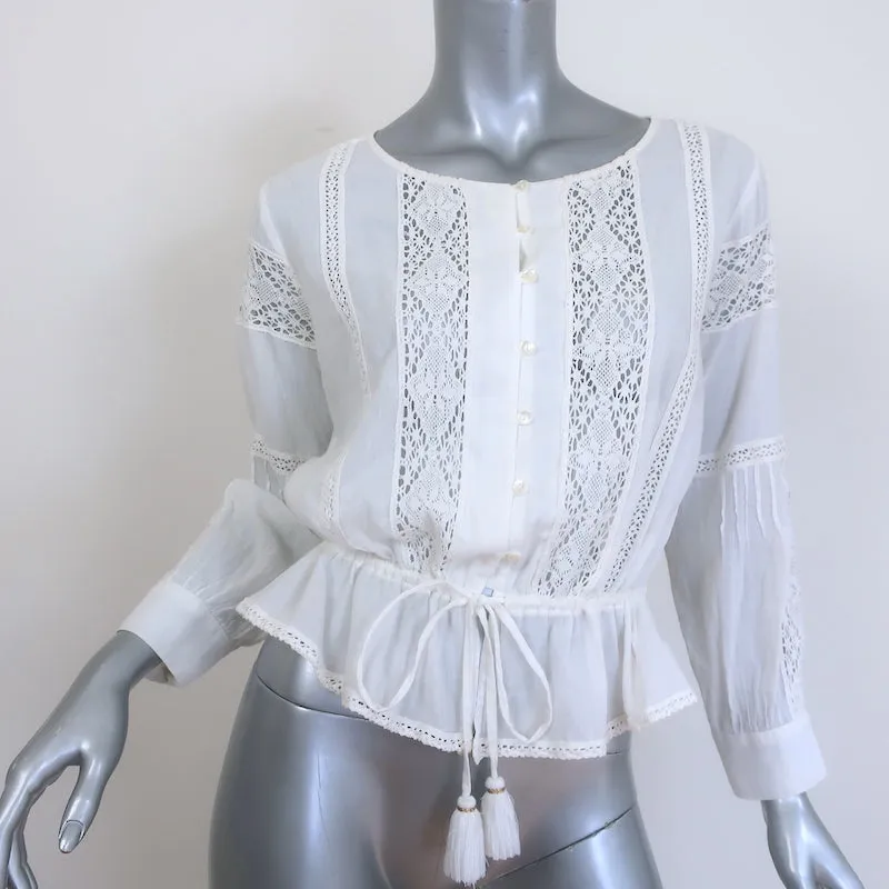 LoveShackFancy Langarm-Peplum-Top Weiß Spitzenbesatz Baumwolle Größe S