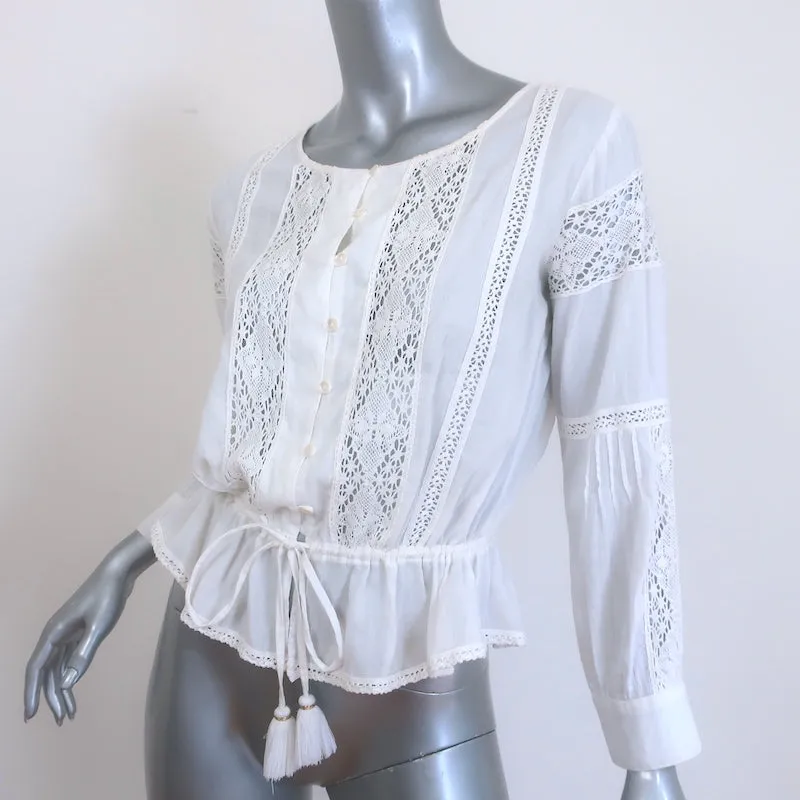 LoveShackFancy Langarm-Peplum-Top Weiß Spitzenbesatz Baumwolle Größe S