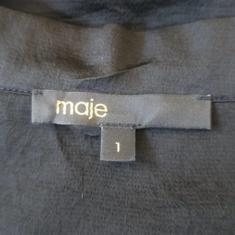 Maje Loiso Bluse mit Krawattenverschluss Schwarz Satin Crepe Größe 1 Langarm Top