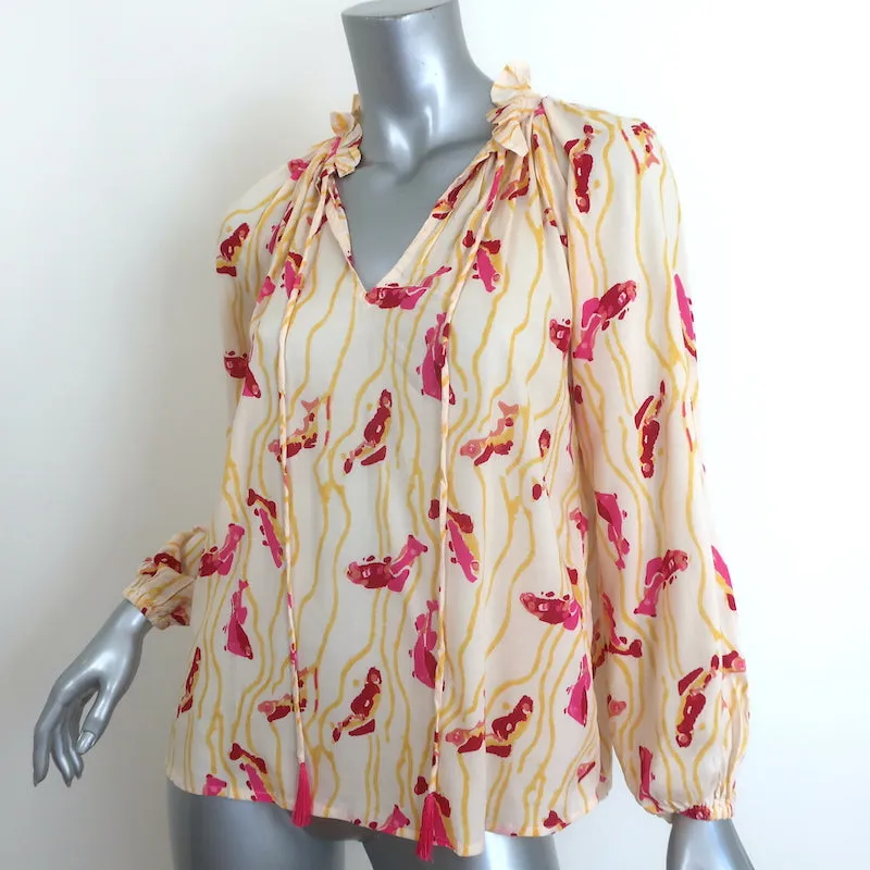 Natalie Martin Penny Bluse mit Krawattenverschluss Gelb Gedruckter Krepp Größe Extra Small NEU