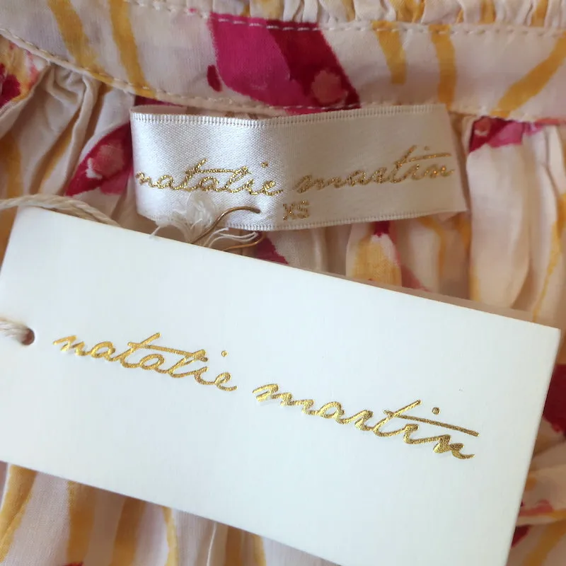 Natalie Martin Penny Bluse mit Krawattenverschluss Gelb Gedruckter Krepp Größe Extra Small NEU