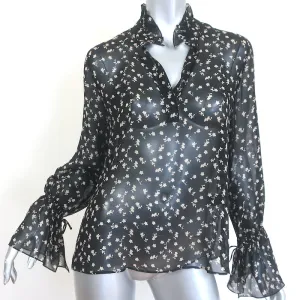 Nili Lotan Bluse mit Glockenärmeln in Schwarz mit Blumenprint aus Chiffonseide in Größe S