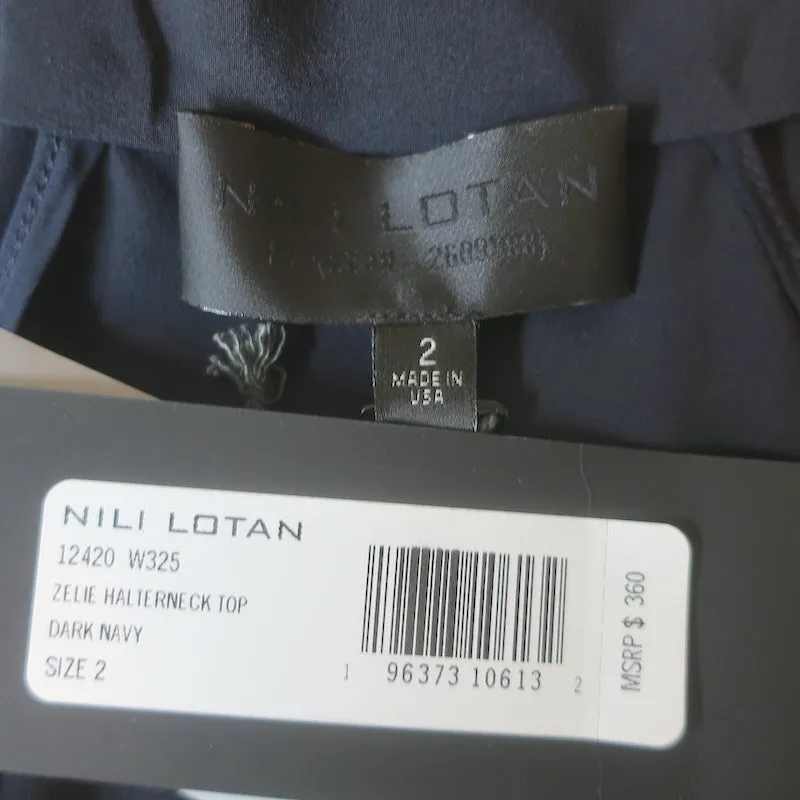 Nili Lotan Zelie Halterneck Top Dunkelblau Seide Größe 2 Bluse mit Bindekragen NEU