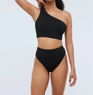 Ein-Schulter Rippen-Bikini-Oberteil in Schwarz