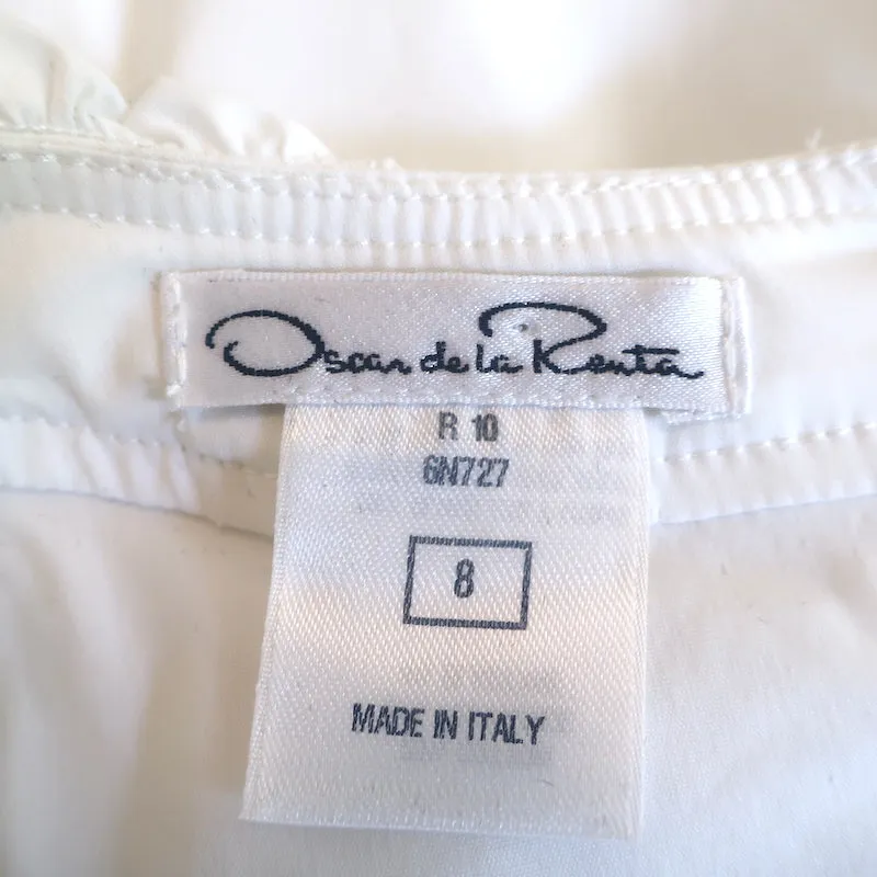 Oscar de la Renta Rüschen-Rosetten-Top Weiß Stretch-Baumwolle Größe 8
