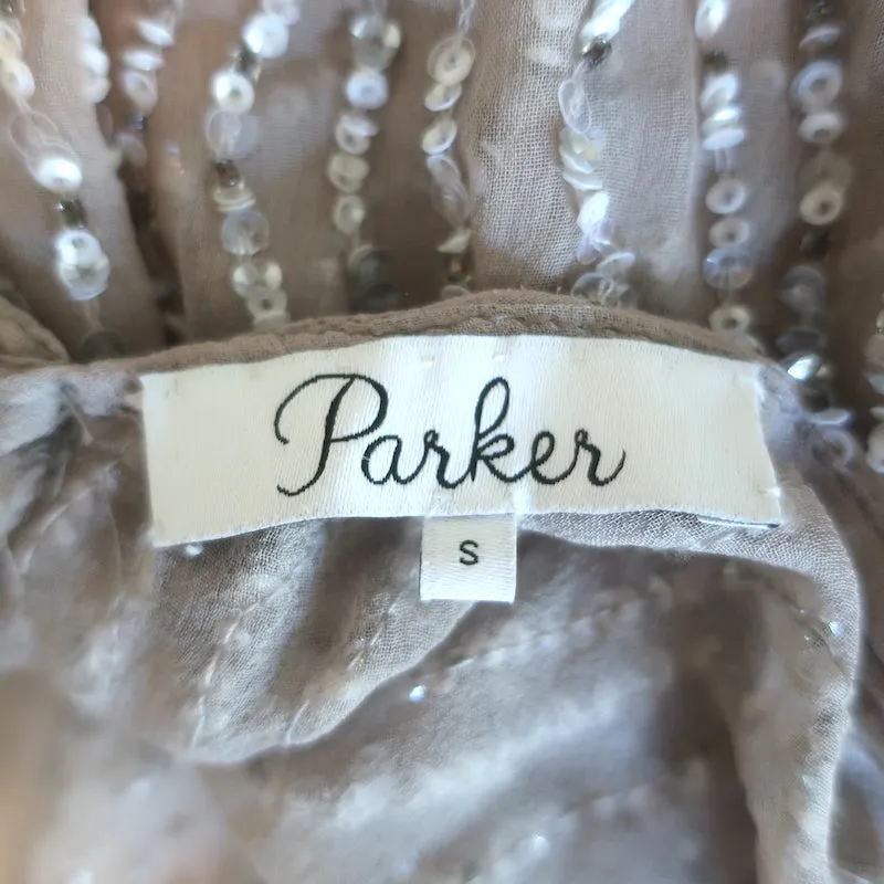 Parker Chiffonbluse mit Pailletten in Taupeseide Größe Small Kurzarmtop