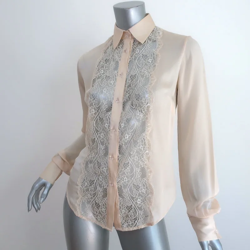 Peter Soronen Bluse Beige Spitzenbesatz Seide Größe 6 Langarm Top