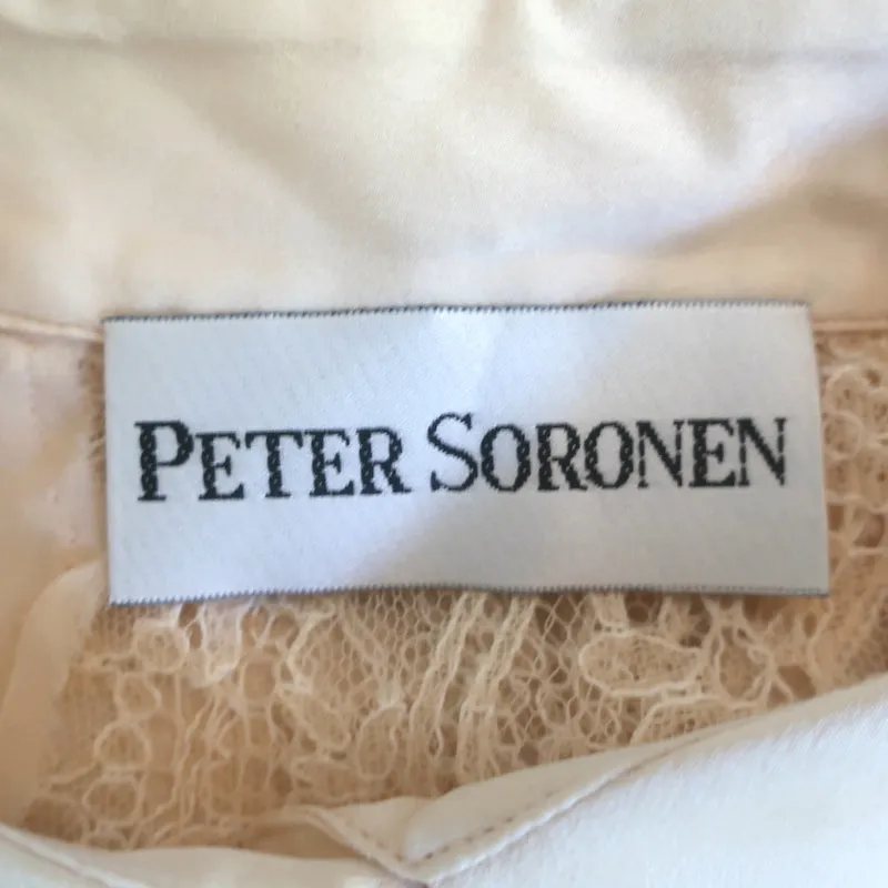 Peter Soronen Bluse Beige Spitzenbesatz Seide Größe 6 Langarm Top