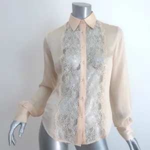 Peter Soronen Bluse Beige Spitzenbesatz Seide Größe 6 Langarm Top