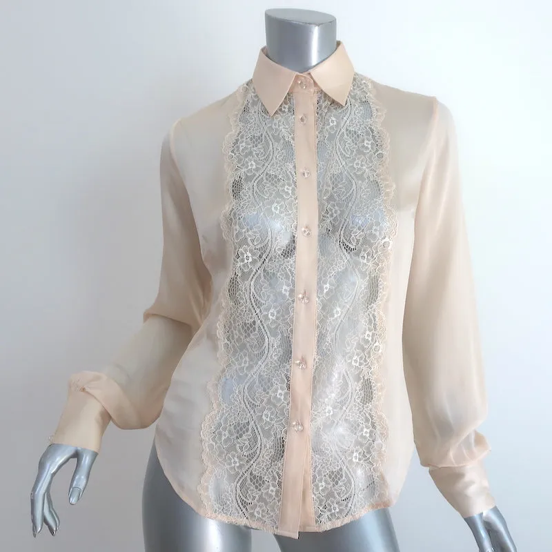 Peter Soronen Bluse Beige Spitzenbesatz Seide Größe 6 Langarm Top