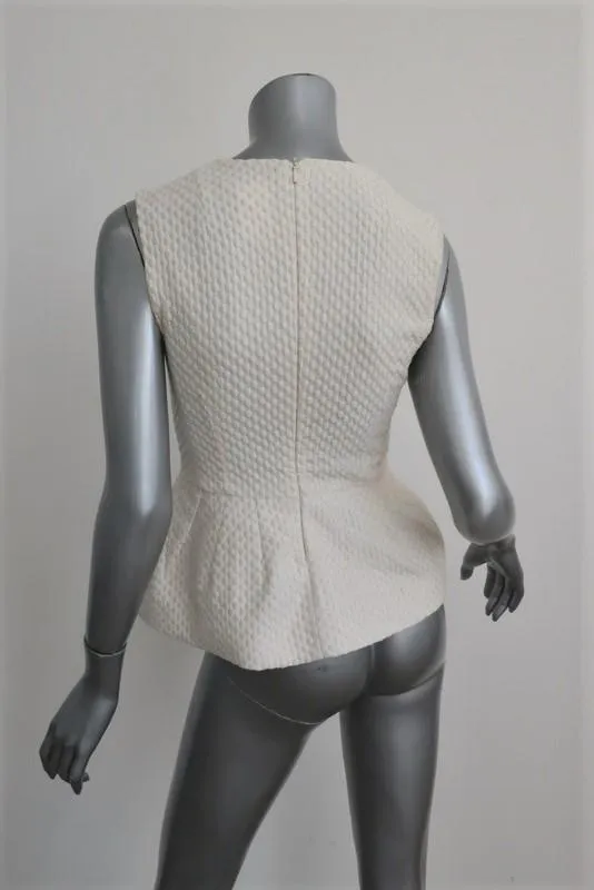 Pierre Balmain Ärmelloses Peplum Top Creme Gepunktet Bestickte Baumwolle Größe 38