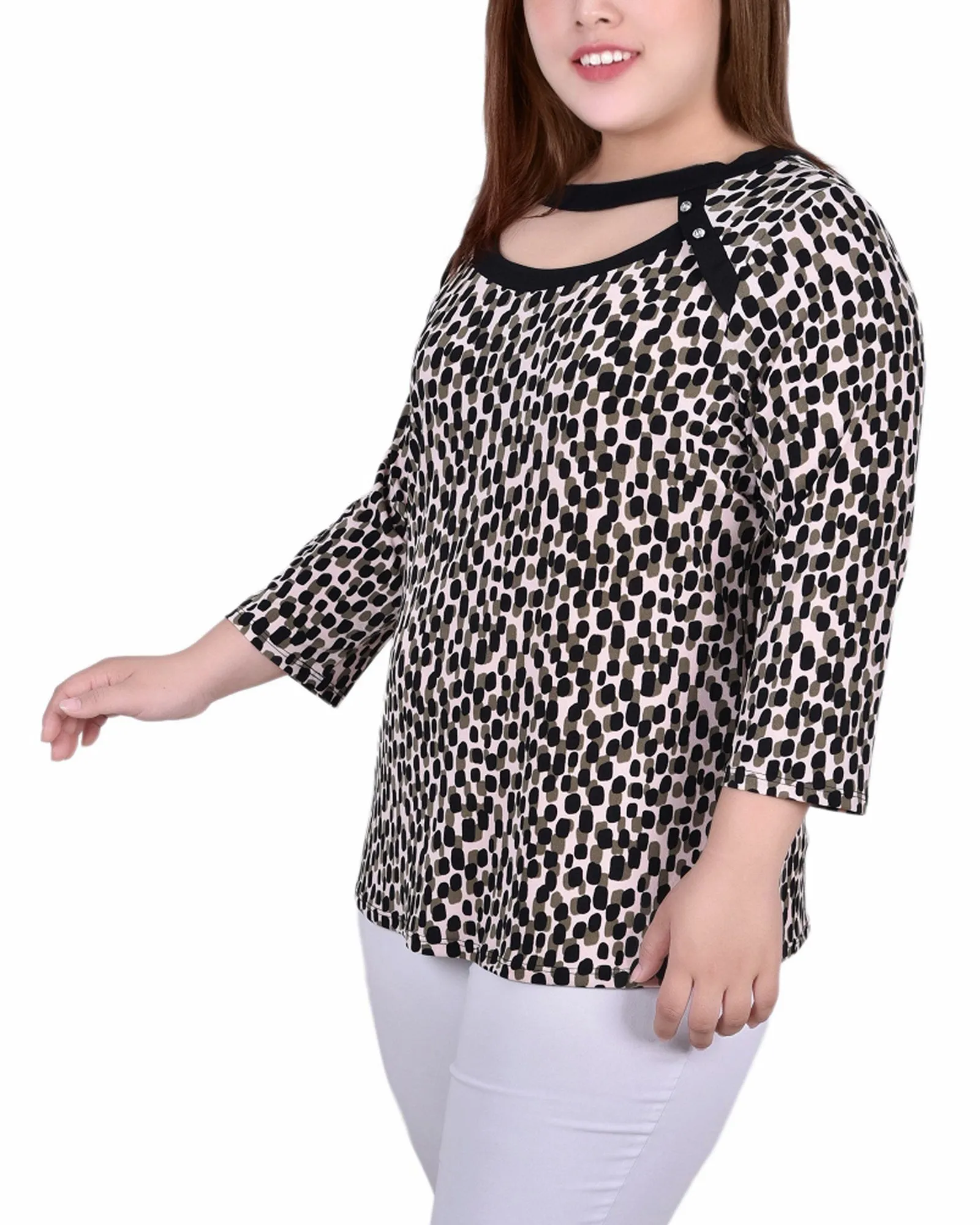 Plus Size Top mit 3/4-Ärmeln, Kombibändern und Ausschnitt vorne