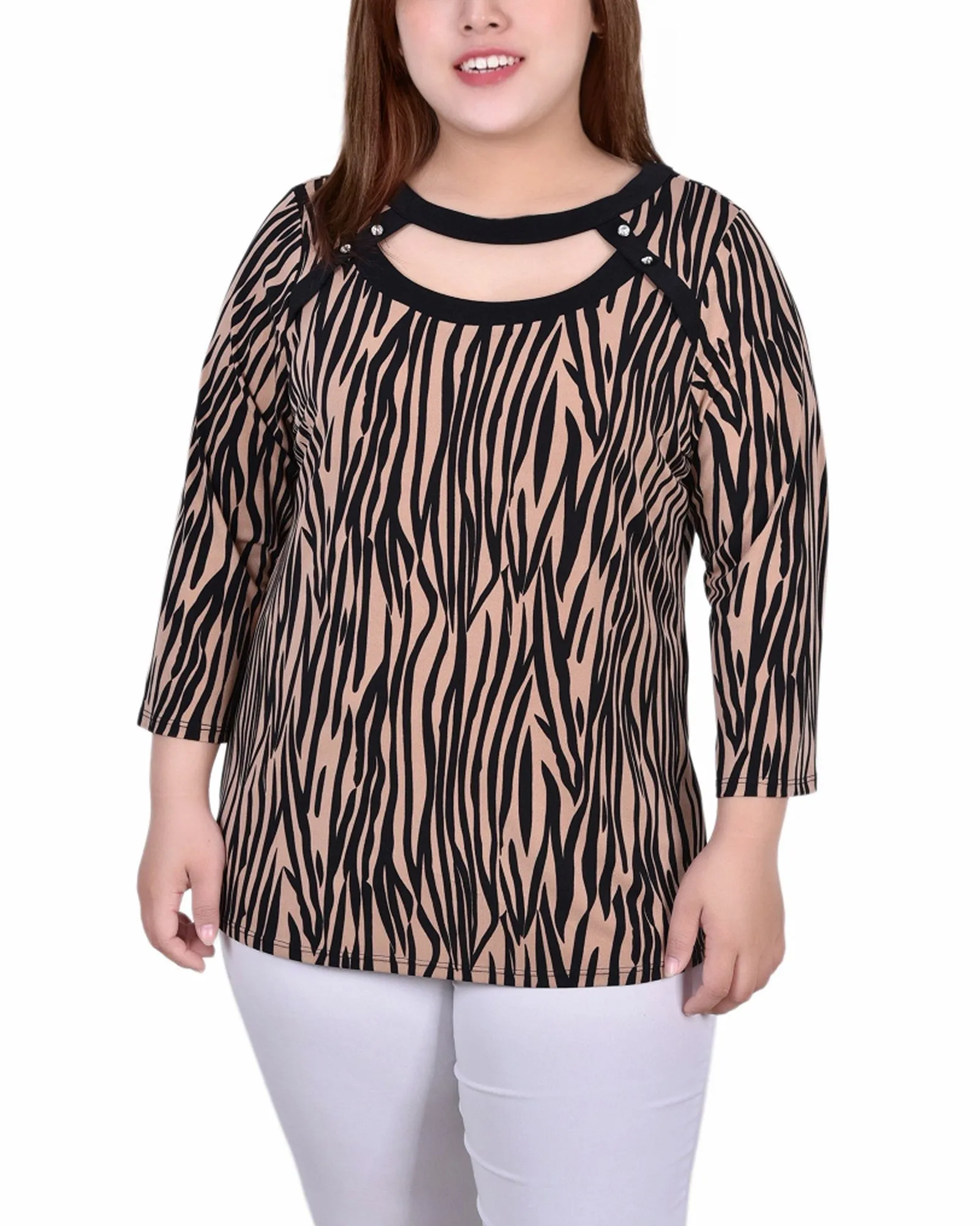 Plus Size Top mit 3/4-Ärmeln, Kombibändern und Ausschnitt vorne