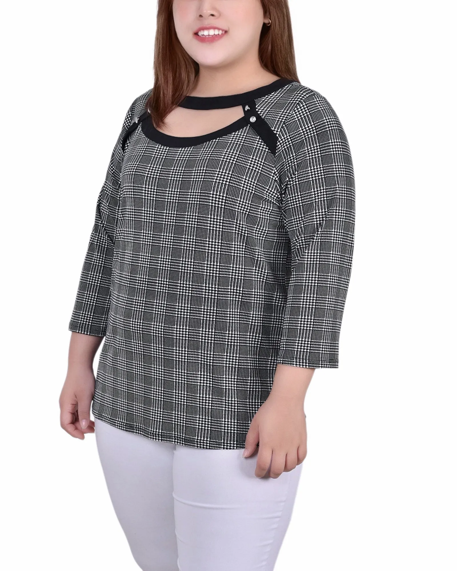 Plus Size Top mit 3/4-Ärmeln, Kombibändern und Ausschnitt vorne