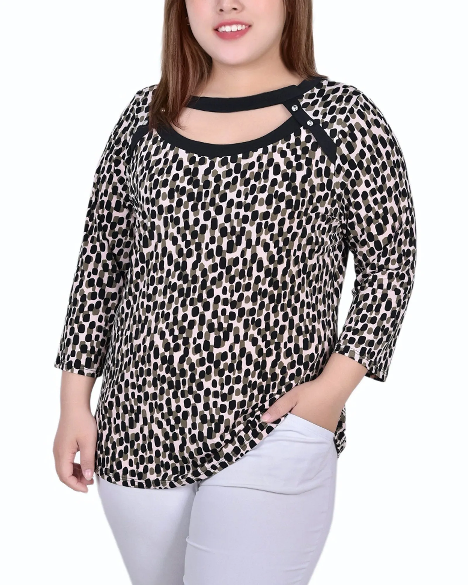 Plus Size Top mit 3/4-Ärmeln, Kombibändern und Ausschnitt vorne