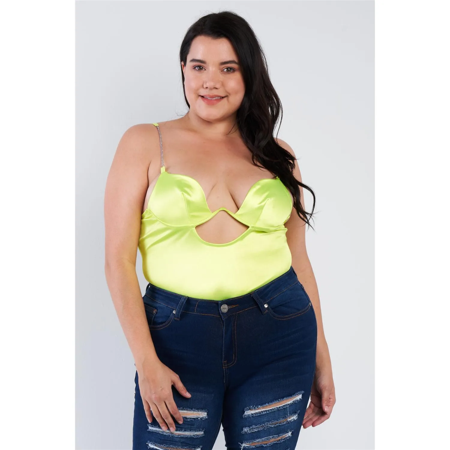 Plus Size Seidenkette Spaghettiträger High-Thong mit Ausschnitt Bodysuit