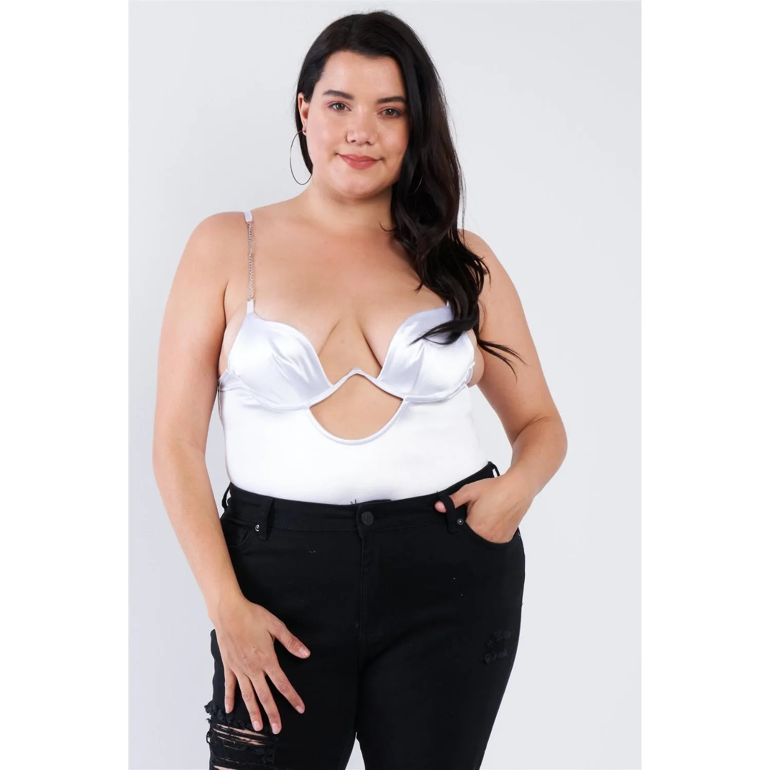Plus Size Seidenkette Spaghettiträger High-Thong mit Ausschnitt Bodysuit