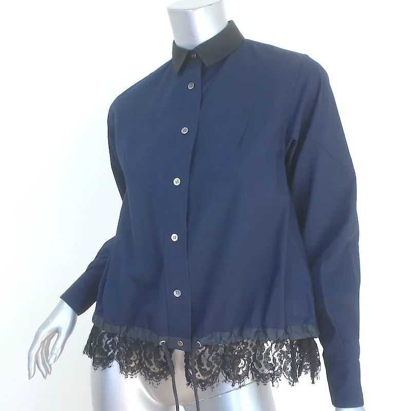 Sacai Langarm-Shirt mit Kordelzugsaum und Spitzenbesatz in Marineblau, Baumwolle, Größe 1