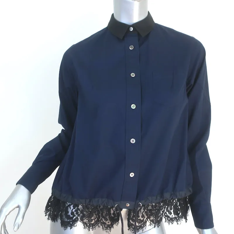 Sacai Langarm-Shirt mit Kordelzugsaum und Spitzenbesatz in Marineblau, Baumwolle, Größe 1