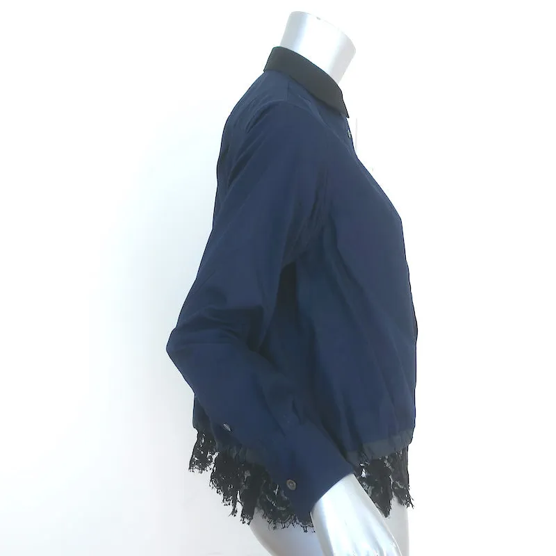 Sacai Langarm-Shirt mit Kordelzugsaum und Spitzenbesatz in Marineblau, Baumwolle, Größe 1