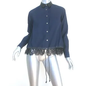 Sacai Langarm-Shirt mit Kordelzugsaum und Spitzenbesatz in Marineblau, Baumwolle, Größe 1