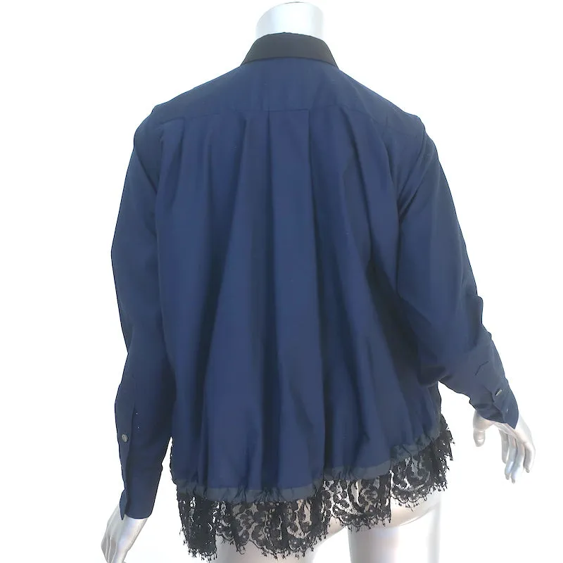 Sacai Langarm-Shirt mit Kordelzugsaum und Spitzenbesatz in Marineblau, Baumwolle, Größe 1