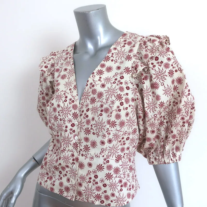 Sandro Puffärmel-Top Miranda Creme/Rote Sonnendruck Größe 2 Knopfbluse