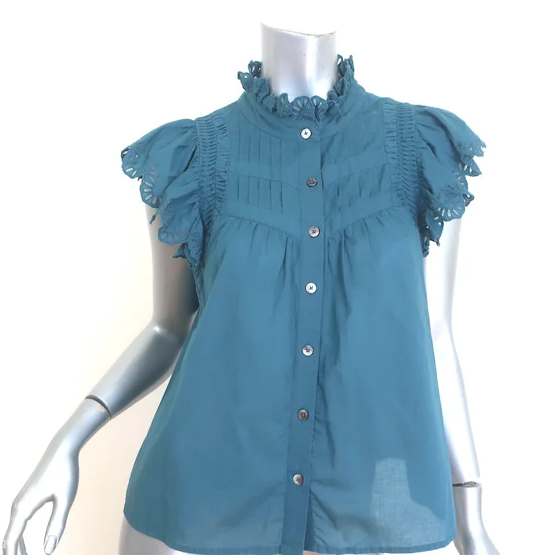 SEA Adrienne Bluse mit Stickereinsatz in Petrol, Baumwolle, Größe M, Knopfleiste