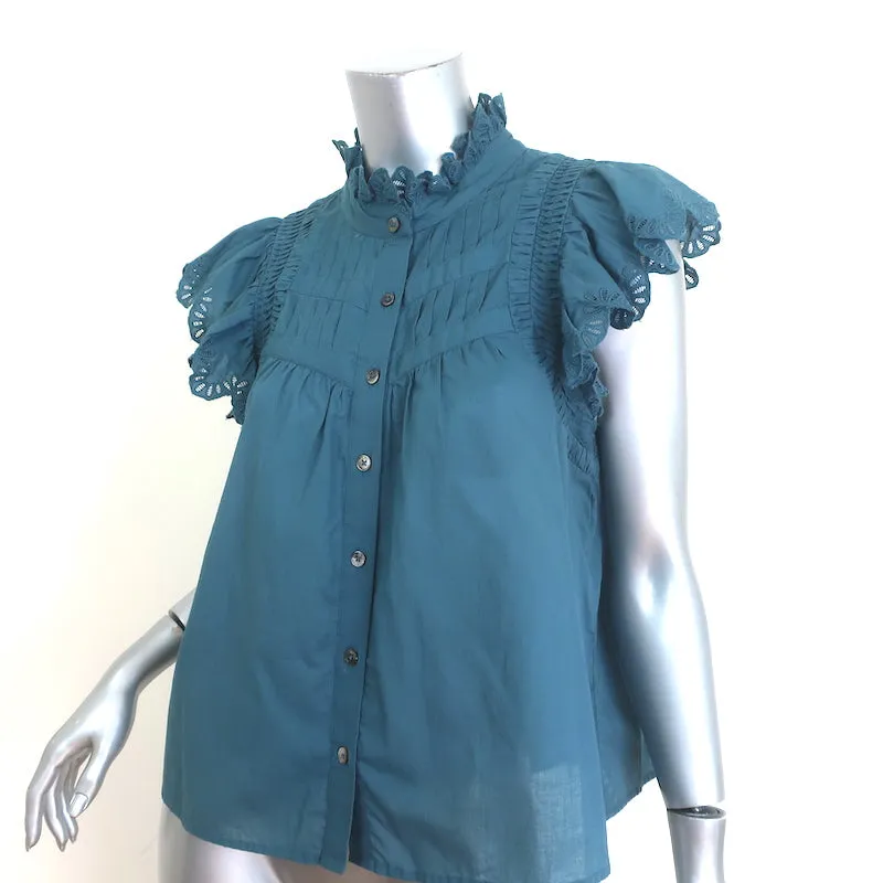 SEA Adrienne Bluse mit Stickereinsatz in Petrol, Baumwolle, Größe M, Knopfleiste