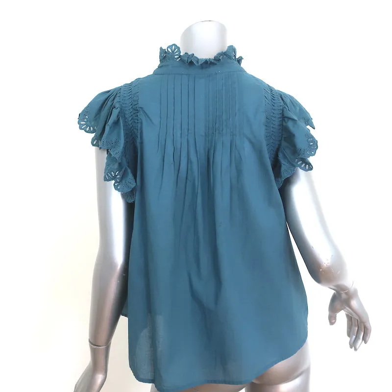 SEA Adrienne Bluse mit Stickereinsatz in Petrol, Baumwolle, Größe M, Knopfleiste