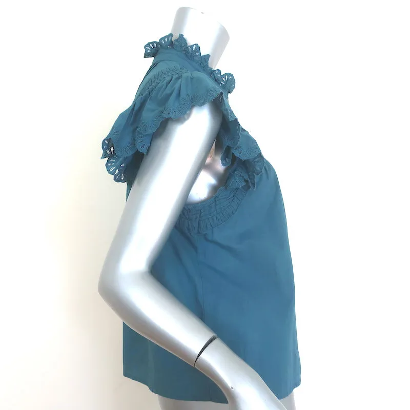 SEA Adrienne Bluse mit Stickereinsatz in Petrol, Baumwolle, Größe M, Knopfleiste