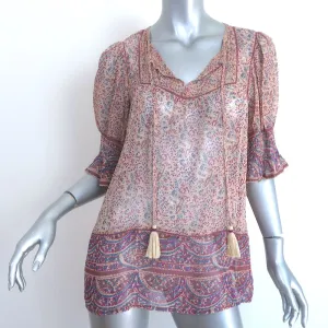 SEA Quasten-Top Lila Bedruckter Chiffon Größe 8 Kurzarmbluse