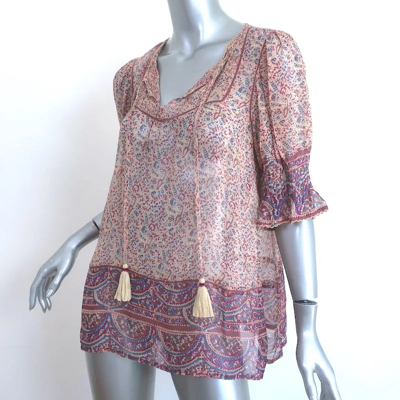 SEA Quasten-Top Lila Bedruckter Chiffon Größe 8 Kurzarmbluse