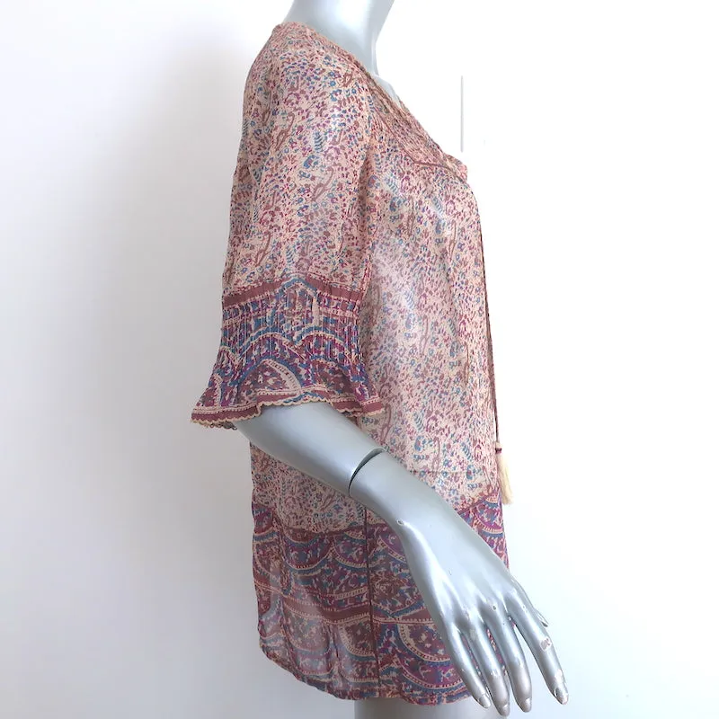 SEA Quasten-Top Lila Bedruckter Chiffon Größe 8 Kurzarmbluse
