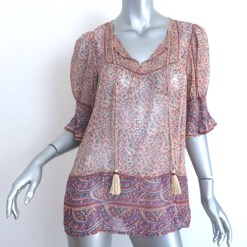 SEA Quasten-Top Lila Bedruckter Chiffon Größe 8 Kurzarmbluse