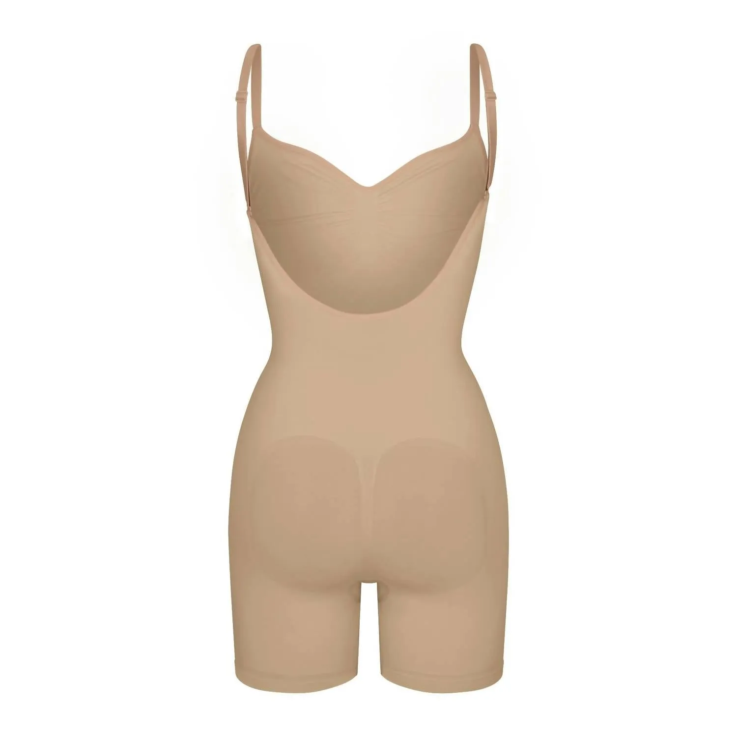 Nahtlos geschnittenes Bodysuit mit tiefem Rücken und mittlerer Oberschenkellänge in Lehm