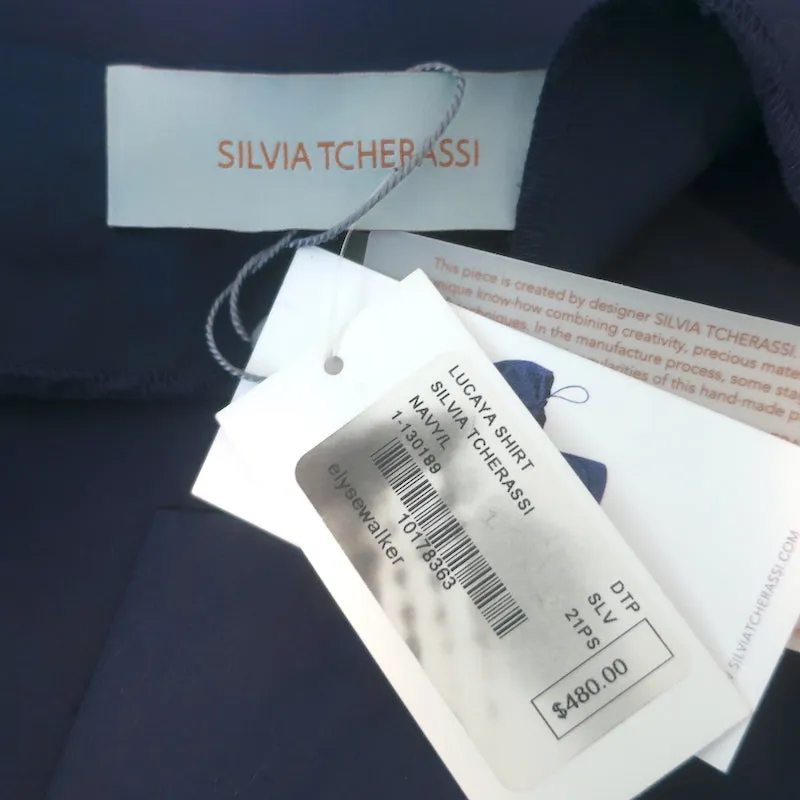 Silvia Tcherassi Lucaya Puffärmel-Bluse Marineblau Baumwolle Größe L NEU