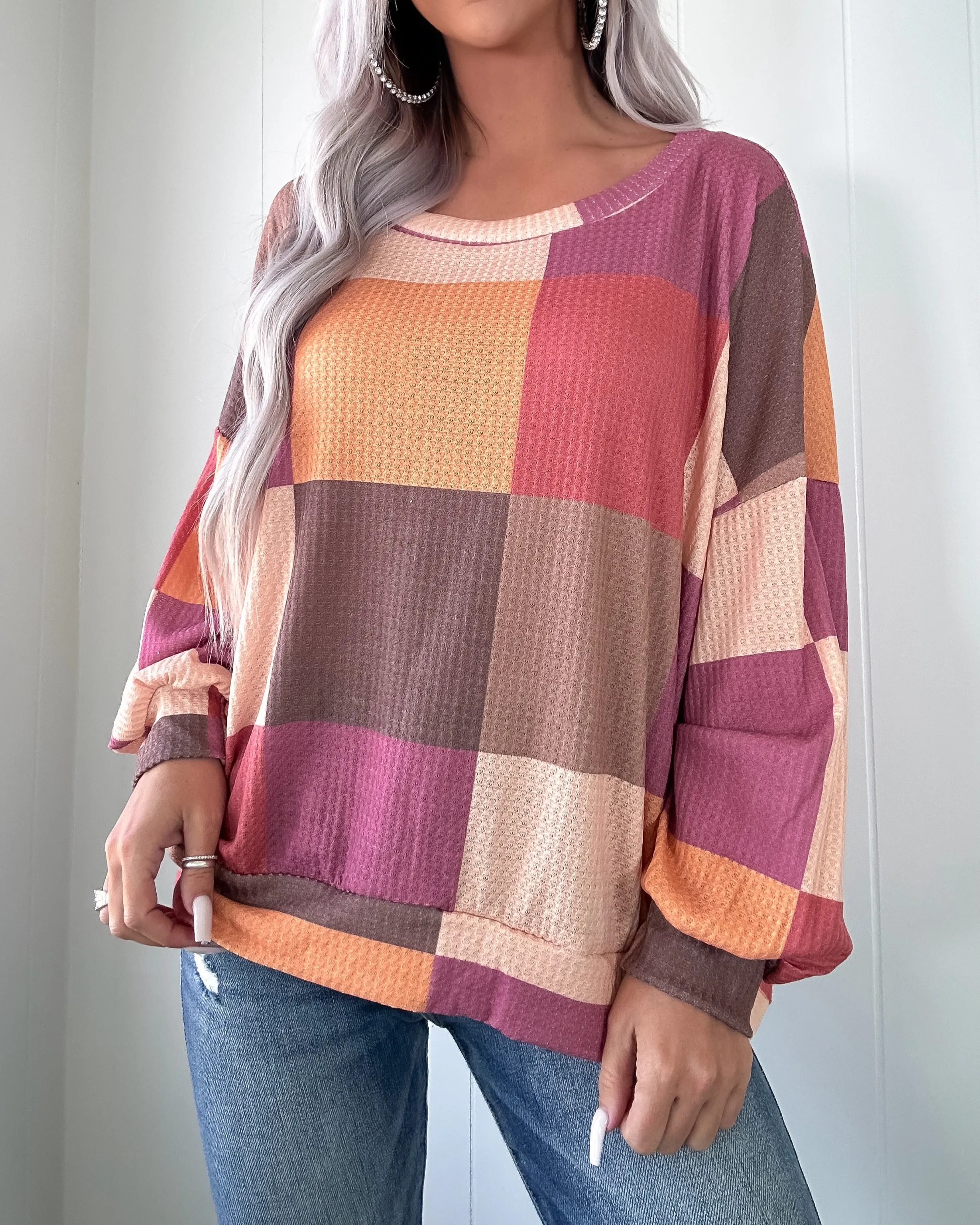 Einfach süßes kariertes Sweatshirt - Mokka/Ziegel