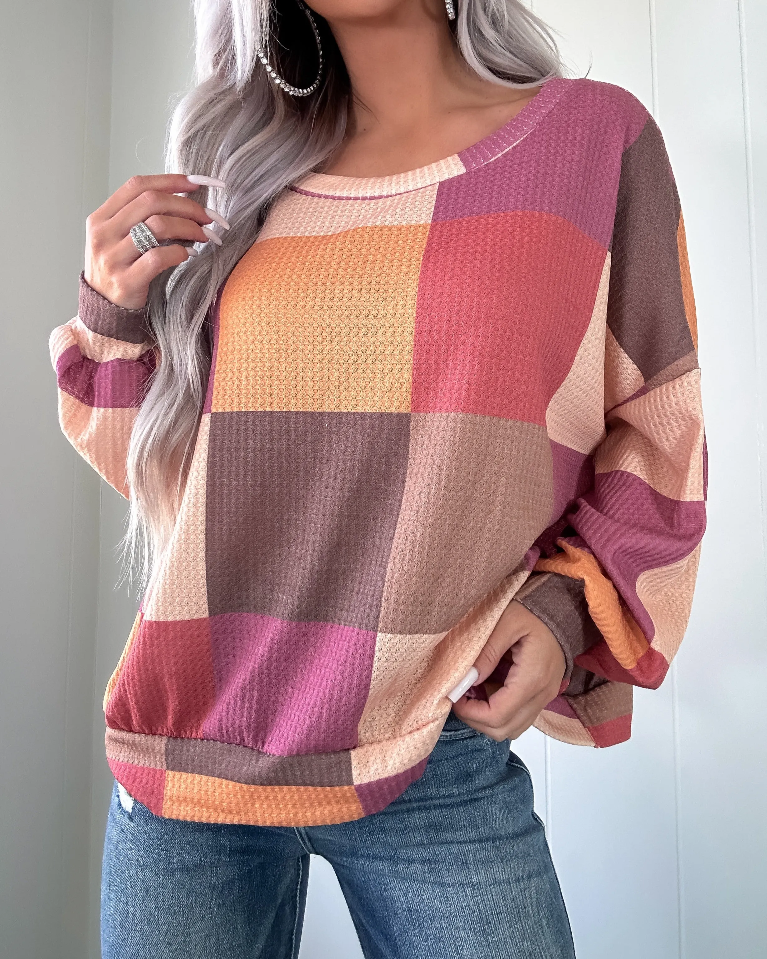 Einfach süßes kariertes Sweatshirt - Mokka/Ziegel