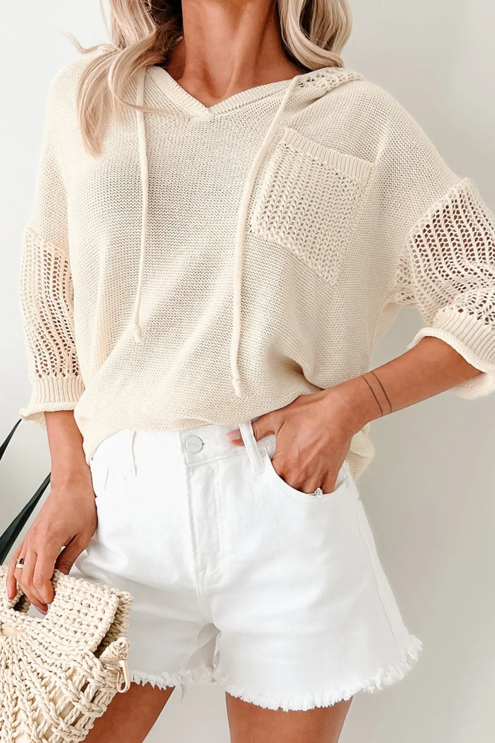 Sanft Bezaubernd Leichter Strickkapuzenpullover (Creme)